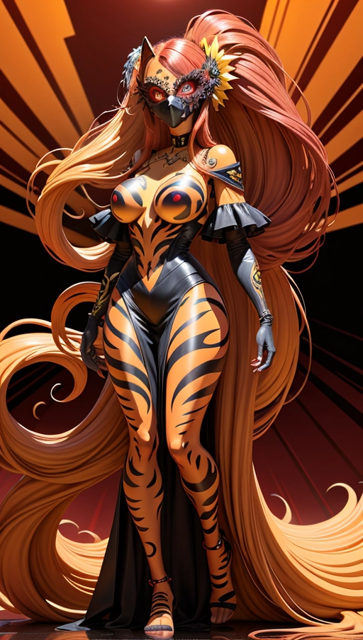 red and yellow symbiote, ((hair-raising symbiote)), ((red and yellow symbiote goo)), (((burgundy red long hair with yellow strands))), ((red and yellow symbiote suit)), (yellow strands), (((((symbiote goo face masquerade))))), (((((symbiote goo hair)))