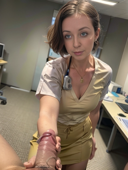 (Hypnotized), (photo realistic:1.37), (magazine photoshoot), <lora:PN7xrGpnVMg_ElizaH:0.7>, (((female, soft body, small breasts:1.2))), glistening skin, fair skin, pale skin, (brown hair), nighttime, (atmospheric lighting), ((wearing nurse cosplay outfit, skirt)), ((in a hospital room)), (((she is standing over the viewer, she is looking down at the viewer, (from below shot), viewer is looking up at her:1.3))), (((she is leaning forward, reaching down and grabbing a patients penis, POV handjob, foreground handjob))),
(best quality), <lora:dpmg_add_detail:0.5>, beautiful,(high resolution), (((masterpiece))), (uhd), (8k),