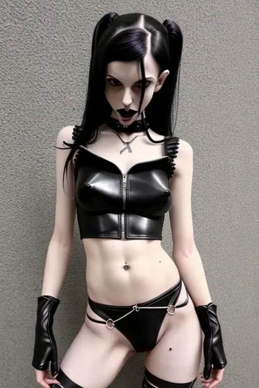 goth girl,wearing sexy clothes,amazing breasts,beautiful face,black lipstick,black hair,cum on body, skinny, petite, midriff, cute