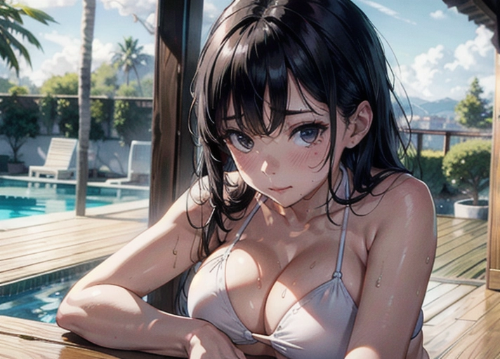 establishing shot, (((loose white bikini))), slim curvy, eurasian woman, (hyper-realistic face:1.3), 32k uhd --ar 9:16 --stylize 750 --v 6, realistic,((((solo)))), nudity, (((long straight black hair))), (small breasts:1), breasts focus, wet skin, lips, perfect-hard-nipples, solo_focus, eye-contact, lifted white blouse, uncensored, ((torn bikini)),
background indoor swimming pool, sweaty, (((exhausted))),uncensored,
<lora:dpmg_add_detail:0.5>, (best quality),
beautiful, (((masterpiece))),(high resolution), (uhd), (8k),
shy sensual smile, ahegao