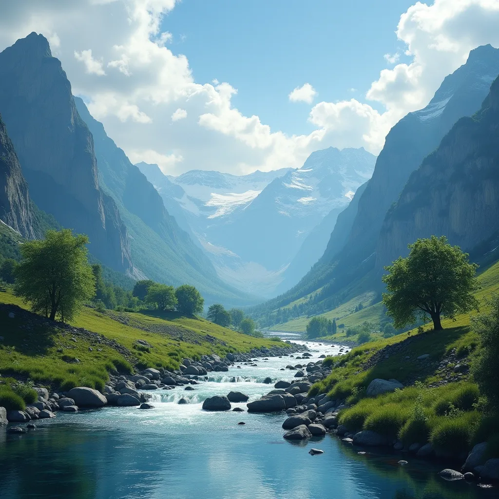 A beautiful landscape with a river and mountains