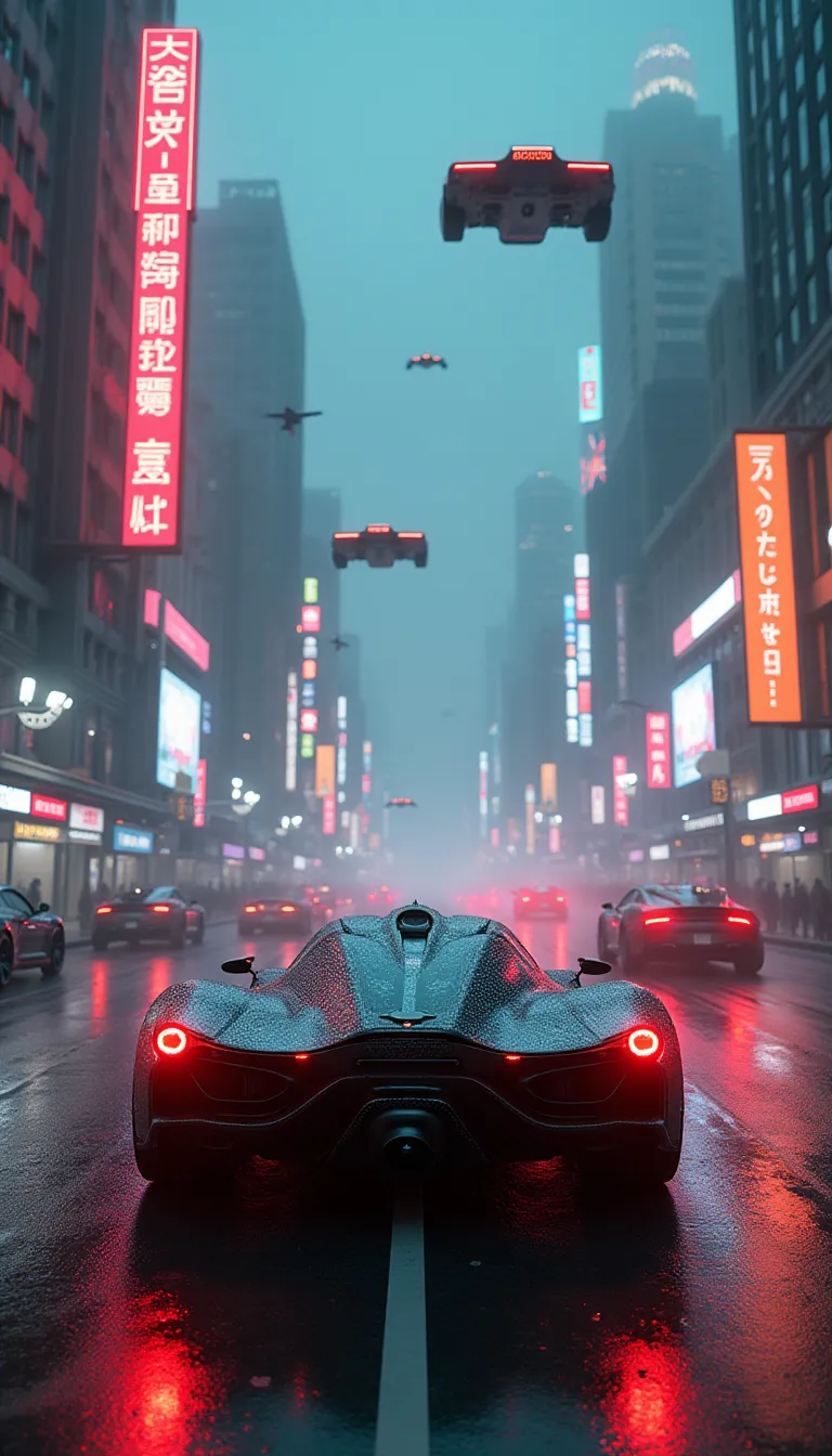 ultra-realistic cyberpunk city, futuristic street scene, neon-lit roads, detailed sci-fi cars parked and cruising, glowing undercarriage lights, rain-soaked asphalt, reflective surfaces, puddles with light reflections, dense fog with colored lights, dystopian high-rises with animated billboards, neon signage in multiple languages, chrome and carbon fiber textures, light trails from fast-moving vehicles, flying cars overhead with anti-gravity engines, glowing rims and LED accents, dramatic cinematic lighting, holographic traffic signals, volumetric lighting effects, cybernetic pedestrians crossing streets, atmospheric perspective, lens flare, photorealistic rendering, ultra-detailed vehicle designs, dynamic city energy, cinematic depth of field