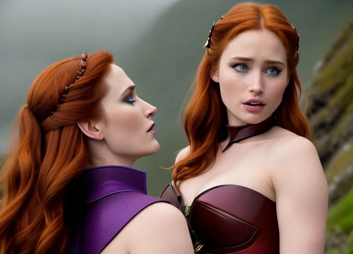 beautiful Nordic bright fiery auburn haired blue eyed Queen Anna of Arendelle portrayed by Elizabeth Lail is transformed into an evil succubus with tiney horns, bat wings and pointed tail, riding the handsome Prince Hans of the Southern Isles with light skin sideburns and slicked back auburn hair. while devouring his soul.