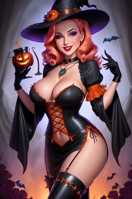 Full color, Halloween, gorgeous witch, cauldron, warm sexually welcoming smile, closeup, 1940s style pinup hairstyle and makeup, looking into the camera lens, (deep plunge sweetheart style neckline)(revealing navel), cleavage, miniskirt, sexually aroused, Halloween decorations, sexually excited, trimmed pubic hair, stiletto heels,