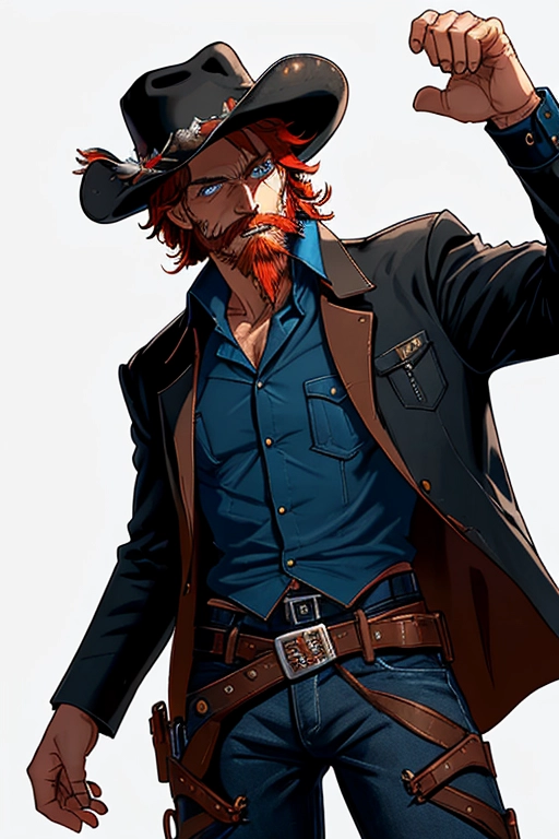 Old wild west, A badass cowboy riding his badass horse, ex-confederate afficer for the C.S.A., black cowboy hat with white band and a feather, red hair, red beard, sharp blue eyes, gritting teeth, strong chin, a scar across his face, strong build, black cowboy outfit, long brown trench coat, black boot cut pants, two six shooter revolver pistols, one gun drawn, the other gun is in the holster, two gun holsters, gun belt with bullets line in, black cowboy boots with spurs, riding in the saddle of his black horse, in the forest, fending of a pack of wolves, ((high definition)), ((4k quality)), ((excellent lighting)), ((great shading)), ((pristine detail)), ((really clear picture)), ((beautiful vibrant colors)), ((accurate at lower prompt guidence)), ((ultra realistic)), (((five fingers per hand))), (((two arms per person))), (((two legs per person))),