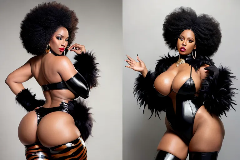 black dominatrix with an afro and big buttocks wearing a tiger print catsuit and feather boa, front and rear view