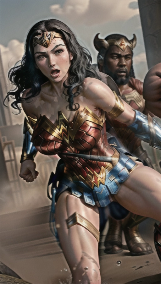an explicit depiction of ((Wonder Woman getting fucked by a huge black man)), 1 female, 1 black male, fucking, sex, cowgirl, spectators, (cock fully inserted in pussy), balls deep, cum oozing between her legs, cum on her moth, interracial, (((tears in her eyes))), bruises on her arms