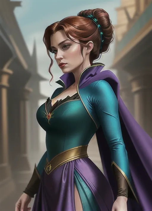 low angle dressed in elegant teal and purple velvet gown and teal and black cape with black bodice with gold trim, the one she wore to the unveiling of the statue of her parents, her hair done up in a low hanging bun, sweet Beautiful youthful sultry auburn haired newly turned vampire Queen Anna of Arendelle running her tongue across her new formed pair of vampire fangs her eyes glowing bright red as she rises from her dark foggy cobwebbed crypt. photorealistic.