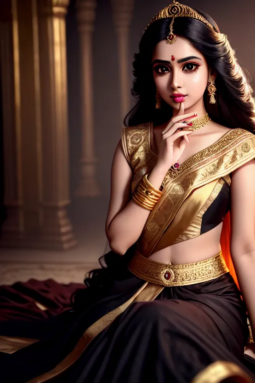 a photograph of,an indian girl,wearing empress dress,lying,in a dystopian future,five slender fingers,fishtail hair,charming face,beautiful lips,black eyes,curved eyebrows,pale skin,joyful,wearing golden ring,bokeh,cinematic lighting,sharp focus,pixiv,highly detailed