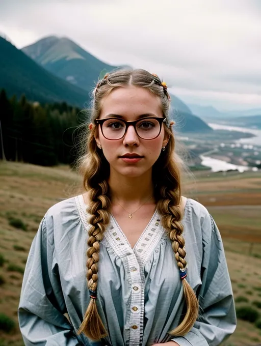 24mm lens, 35mm film, grain, 1900s camera, beautiful girl with blonde hair and cultural face paint wearing cloth, intricate, elegant, urban fantasy, bright grey eyes standing next to a beautiful foggy mountain view. She should have long braided, flowing hair, a captivating gaze, and an alluring expression. looking away, symmetrical eyes, symmetrical background, cinematic film still from 1980s movie, Kodak portra 800, light, airy, glasses and looks attractive, full body picture