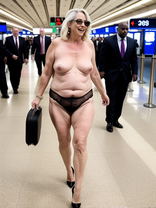 A naked mature middle aged lady, natural saggy breasts, aroused vulva, pot belly, is a bold and uninhibited VIP with her security body guards as she walks brazenly naked wearing only her high heel shoes, through a concourse in a public airport