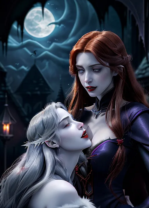 low angle close-up Beautiful auburn haired vampire Queen Anna prepares to give her beloved sister, platinum haired Elsa of Arendelle, a special vampire kiss fangs on the neck with the new master of Anna, Dracula, looming up behind them in the the very dark cramped spooky cobwebbed halls of a haunted house photorealistic.