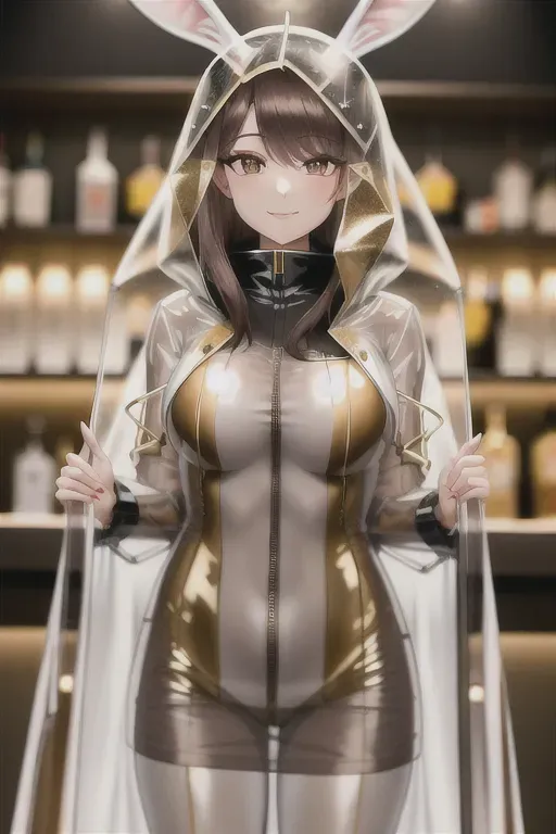 medium shot, 25 year old, a bunny girl, fit, transparent raincoat, gold, bar, night, indoor lights, happy, 8k, professional
