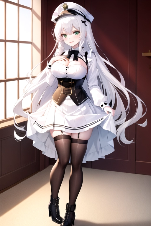 long hair, pale skin, white hair, green eyes, black choker, giant H-cup breasts, wavy hair, white maid uniform, smiling, full body photo, 28 years old, miniskirt, cleavage, high heels, corset, 8k quality, boots, in living room