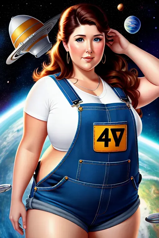 digital painting of, jewel staite, fat, double chin, detailed face, beautiful, chubby belly, wearing overalls, overweight, on a space ship, dirty face, happy