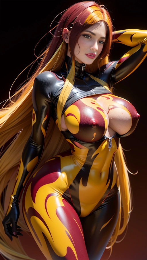 ((Burgundy red and yellow symbiote girl)), ((hair-raising symbiote)), ((burgundy red and yellow symbiote goo)), ((((burgundy red long hair with yellow strands)))), ((red and yellow symbiote goo suit)), (yellow strands), (((((symbiote goo hair))), ((((burgundy red and yellow symbiote goo body)))), ((huge yellow symbiote goo boobs)), burgundy red hair, very very long hair