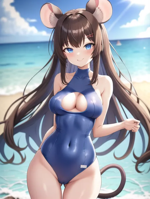 best quality, high details, mouse girl, mouse ears, mouse tail, blue eyes, brown hair, long hair, wavey hair, medium sized chest, perfect figure, cute pose, smile, swimsuit, showing boobs, naked boobs, topless, nipples