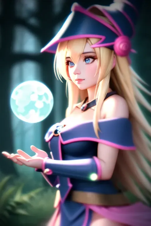 dark magician girl, mksks style, (very detailed background:1.0), (highly detailed background:1.0), masterpiece, best quality, (1girl), solo, (forest), long hair, blonde hair, blue headwear, wizard hat, spell casting, nature, trees:1.2, motion blur, magic, (moonlight:1.2), chromatic aberration, depth of field, soft lighting, highly detailed face, highly detailed eyes, <lora:dpmg_dark_magician:0.6>