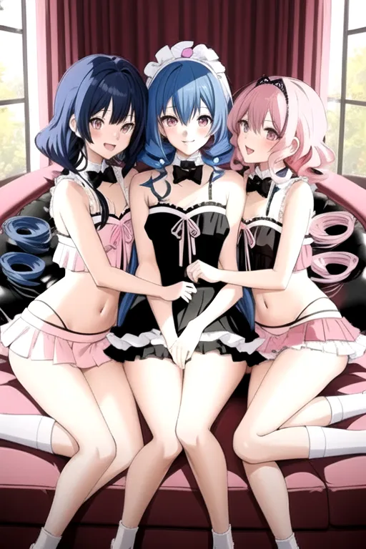 3 anime girls, (((one with short white hair, one with long curly dark blue hair, one with straight pink hair.))) Femboys, they are anorexic, Very skinny body. Skinny. expertly drawn, detailed. NSFW,
They are sitting on a couch and goofing off with each other, they are smiling and laughing, frilly mini skirt, (frilly tube top),
Heavy brush strokes. Add detail,