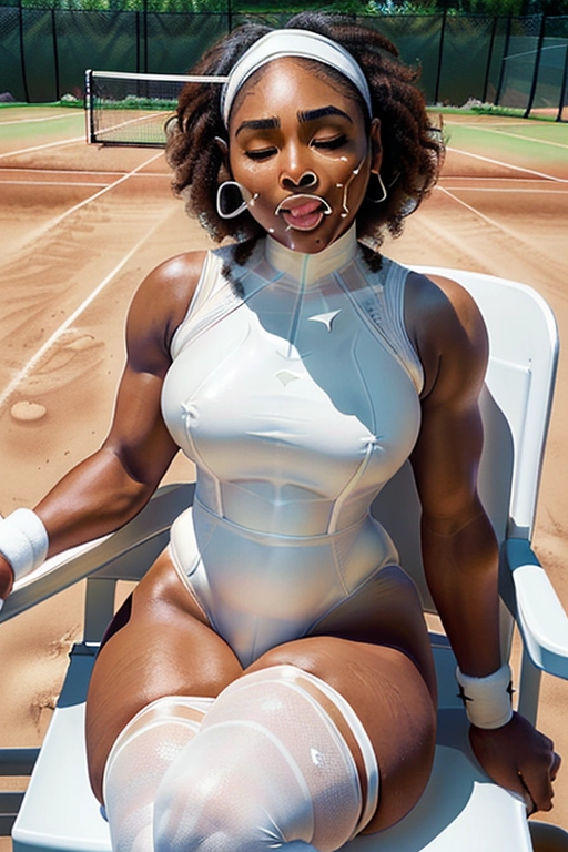 Serena Williams, thick eyebrows, dark skin, beautiful face, full lips, full cheeks, dimples on cheeks,(((wearing white leotard))) ((visible cameltoe)) ((sitting in a chair by an outdoor tennis court)),She must be having a powerful (((sneezing fit))) ((sneezing)) allergy, hay fever, with her nostrils flaring, ((her eyes closed)) and ((her mouth wide open)),