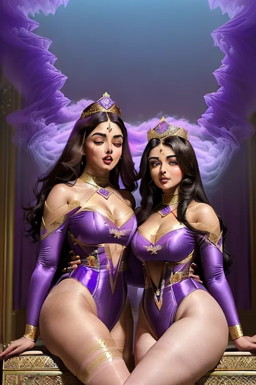 (((Two women))). ((Young Queen Victoria)) ((accurate face)) and Rani Lakshmi Bai, ((features of Aishwarya Rai)), (dark hair), thick eyebrows, beautiful faces, full lips, full cheeks, dimples on cheeks, wearing (((sexy leotard-style costumes))) with elaborate puffed sleeves, ((bare thighs)), sexy legs, slim figures, cute butts, extremely sexy, sitting in a palace room, high definition, ((((a dense purple vapour is coming into the room)))) they are being overcome by a powerful (((sneezing fit))) which is making them ((sneeze uncontrollably)) with ((nostrils flaring)), ((eyes closed)) and ((mouths wide open))