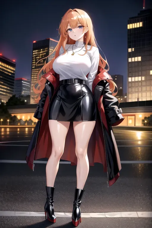 full body, strawberry blonde hair, hazel eyes, short girl, black miniskirt, black high heel boots, looking at viewer, long hair, pale skin, silver necklace, black shirt, 24 years old, giant breasts, cute face, pov, wavy hair, city environment, Oklahoma City, wide eyes, erotic, skirt tug, red trench coat, nighttime, wearing black backpack