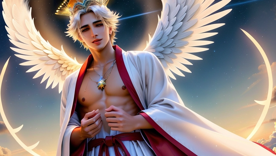 a 64k high detailed photo of body shot of Angelic, HDR Professional ((In Robes))) ((Has robe Attire)) Godly Ultra Detailed Best Quality Most Detailed (((Angel Wings))) Angelic Lighting Love Hope Magic casting Crown Smiling king happy Glory Warrior Angels Angelics Positivity Happiness ecstasy enraptured sweaty saving God Royalty Morality Goodness True Good Power Force Authority Ethical Saviour Halo short Hair Always and Forever Sentimental in heat hot ultra hot best best lighting tantric Neutral Brilliant Logical Compassionate Perfect Perfection Exciting Integrity Winged Courage Purity Harmony Beauty mark on upper lip ((Male)) (Ethereal Lighting) (Celestial Lighting) (((With Clothes))) ((With God Item)) ((God Tech)) with items of power God Wings ((Afterlife Light)) (Love Worship) ((Happy Expression)) (((Angels)))