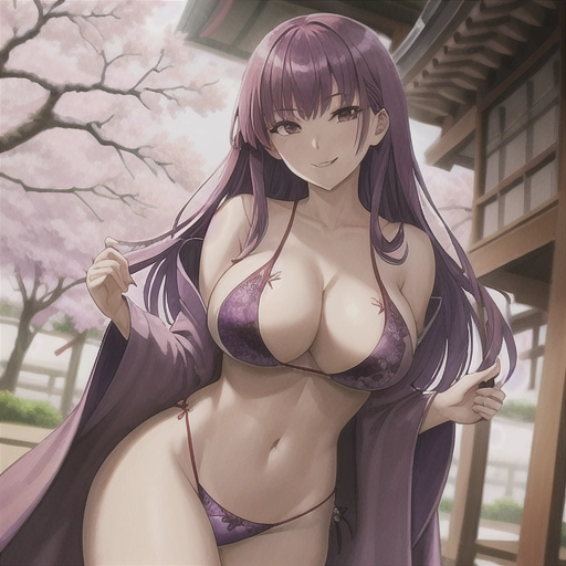 Medium shot of a Very detailed beautiful female assassin smiling with cleavage and Purple hair wearing only an asian style robe that is open in front showing her bra and panties standing in a pagoda with a cherry blossom tree in the background