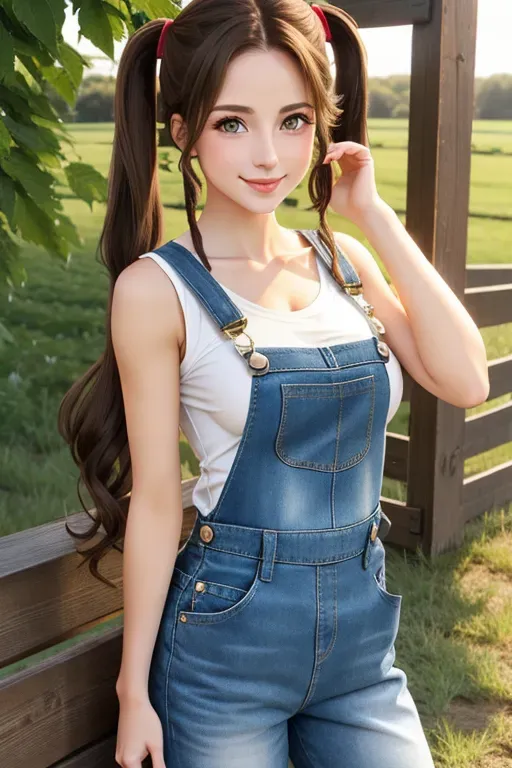 Sexy, skinny, pale skin, brown hair, American girl, big hazel eyes, farm girl overalls with medium perfect breasts, long wavy hair, pigtails, sweet smile, smooth muscular abs, medium breasts