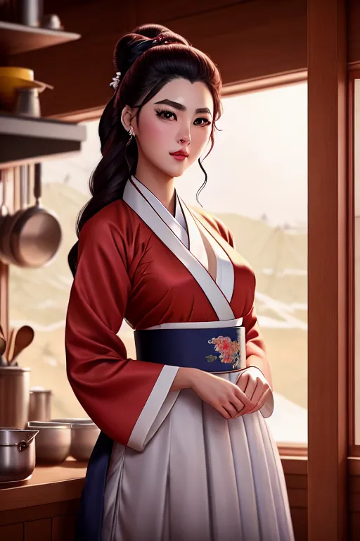 a color pencil draw of,blake blossom,wearing hanbok,shooting from a high point,in the kitchen,small breasts,five fingers per hand,charming face,beautiful lips,curved eyebrows,smooth skin,cosy,wearing necklace,cinematic lighting,bokeh,smooth,cgsociety,professional