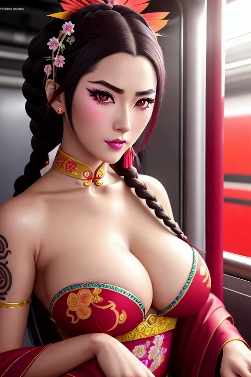 a color pencil draw of,senjougahara hitagi,wearing chinese costume,sitting,in the london underground,big breasts,five fingers per hand,braids hair,gorgeous face,beautiful lips,detailed large eyes,curved eyebrows,smooth skin,erotic,tattoo,editorial,sharp focus,artstation,ultra realistic,bokeh