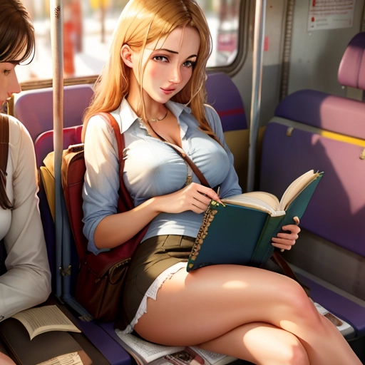 upskirt, cute young lady reading a book on a bus