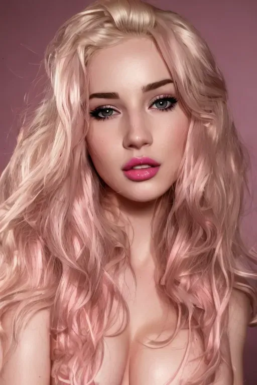 a photograph of, slutty bimbo, pale skin, big pink nipples, wearing pink headphones, wearing a slave collar, very long and wavy hair, blonde, naked, big breasts, five slender fingers, big hairy bush, beautiful lips, curved eyebrows, curved eyelid, beautiful eyes, professional, ultra realistic,, full head in view