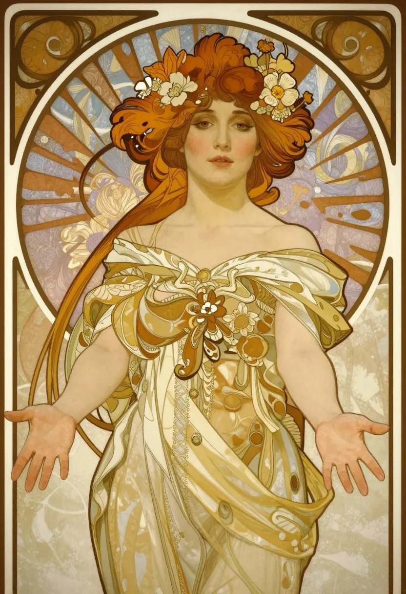 A beautiful woman reaching out with both hands in a welcoming gesture. Rich art deco style by Alphonse Mucha