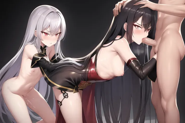 blush, pussy juice, best quality, masterpiece, 2 girls, 1 boy, sex, nsfw, long hair, flat chest, black Chinese dress, silver eyes, emotionless stare, thin thighs, gold accessories, Chinese design, royal throne background, pussy juice, make-up, visible breath, (black hair), green highlights on hair, cold gray eyes, glaring angrily, threesome fucking, 1 boy 2 girls, handsome guy, cock threesome, dpmg_threesome_v1