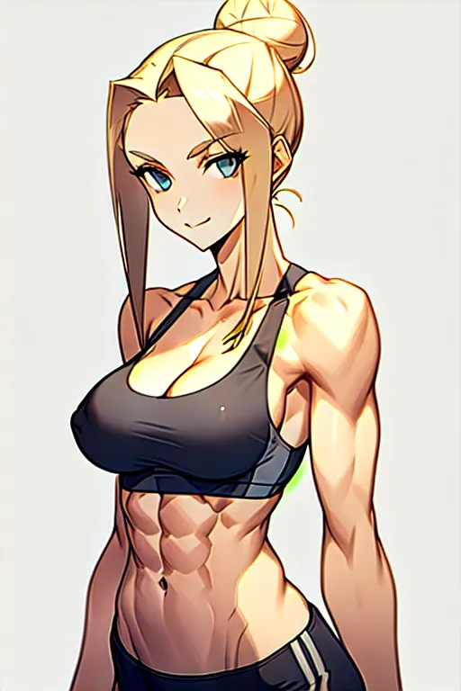 girl in grey cotton sports bra with cleavage, flat belly, abs slightly showing, long blonde hair in a tight bun, slight smile, plain background, large boobs