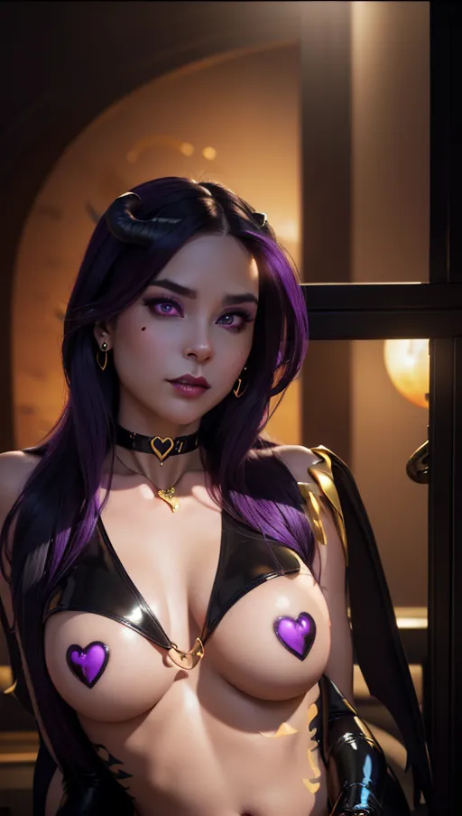 best quality, (((ultra high res))), (detailed face and eyes), hearts, perfect face, heart choker, golden earrings, jewelry, purple glowing heart, black latex, purple heart necklace, (topless), (((succubus))), horns, tail, snake coiling, perfect tits, (huge tits), (golden snake), ((heart nipple patches)), black hair