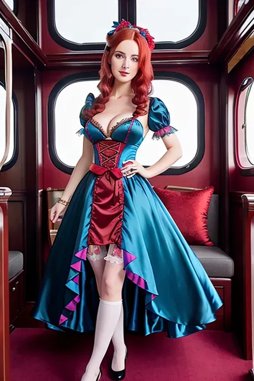 A british courtesan waiting for me in an airship cabin, long, red hair, pale green eyes, pink bows, blue dess, see through blue old west costume, silks, cotton, mysterious, blue dress,