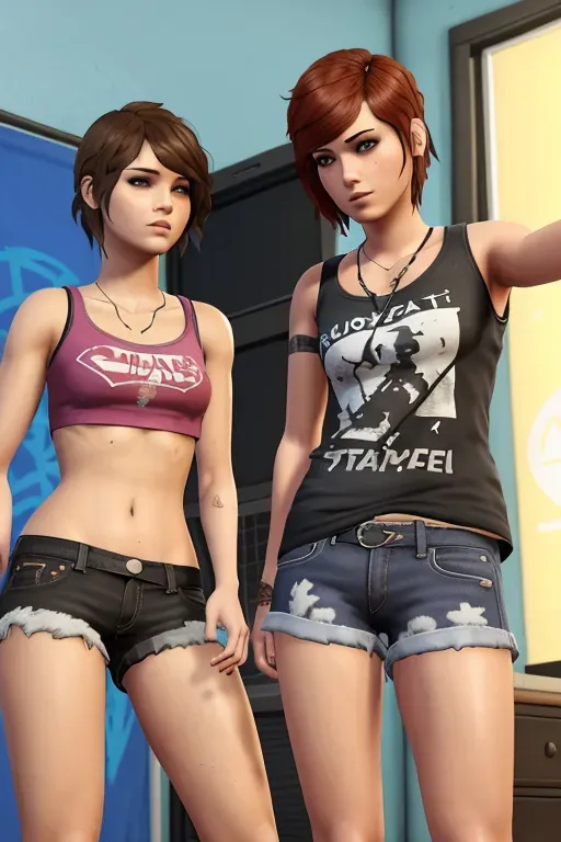 life is strange video game character girls, in their room posing for selfies (best graphics)cel shading, they have mowhawks and stick tongue out, punk style (chloe price with mowhawk) (3d effects) mowhawk hair, mowhawk hair style altered, wearing cut off shorts showing ass (unreal engine) fat asses, focus on ass hangin out of shorts, super details, ass cheeks focus hanging out of bottom of shorts like thong