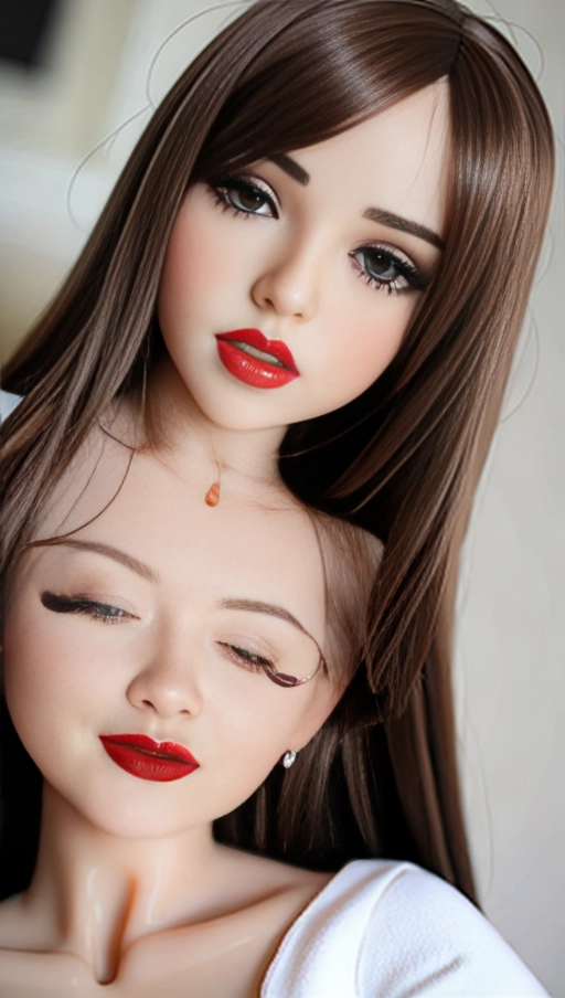 huge thighs, tiny waist,sex doll,hyper-realistic,lips,naked,opened mouth,brown hair,hyper-realistic,long legs,doll joints,sexy pose,big lips,light freckles, red lipstick,white skin ,no teeth