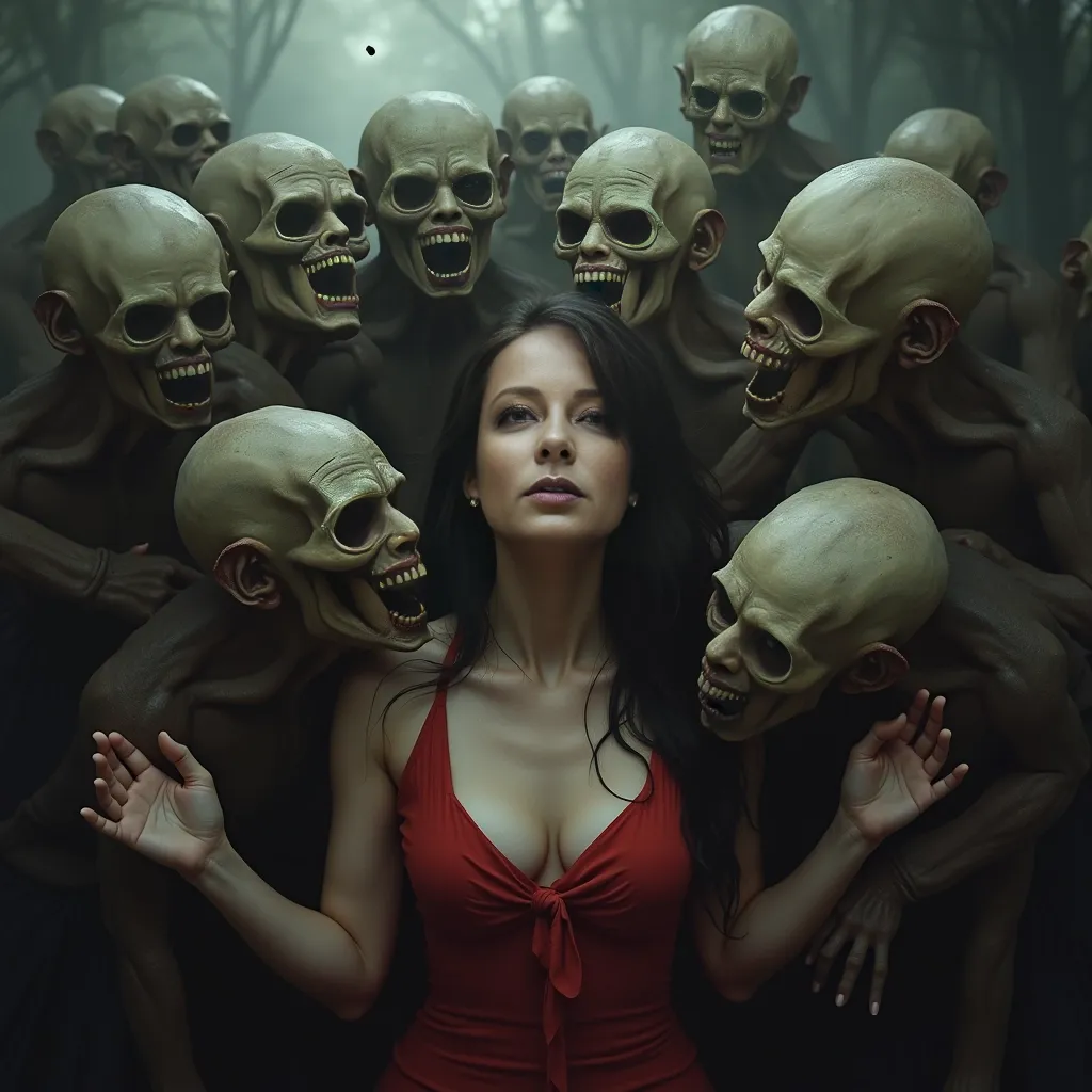 a woman crowded by ghouls, they are grabbing at her