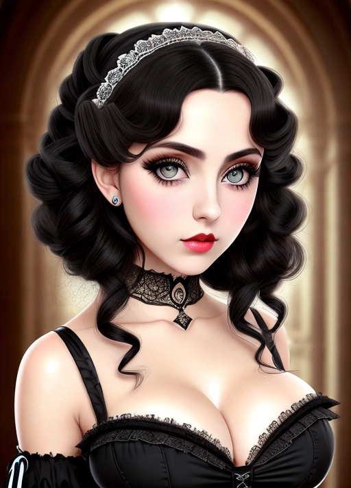 Cute Italian girl, simple grunge makeup, pale colored eyes, big wide eyes, black hair, big lips, high riding huge boobs, gigantic tits, noble lady, Victorian era gown, photorealistic, best quality, ultra high resolution
