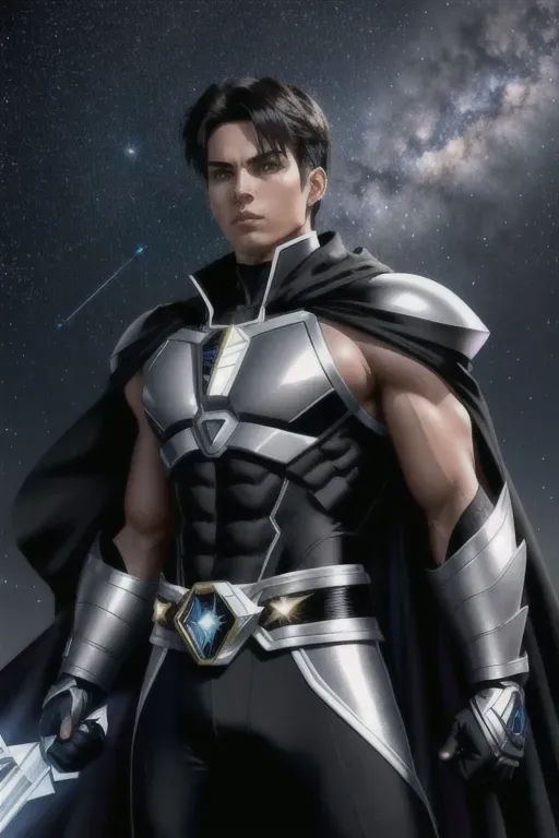Silver power ranger, with starfield arms, and a length of claws on his right arm. silver spandex, long black cape, arms covered in a field of stars, circular belt buckle