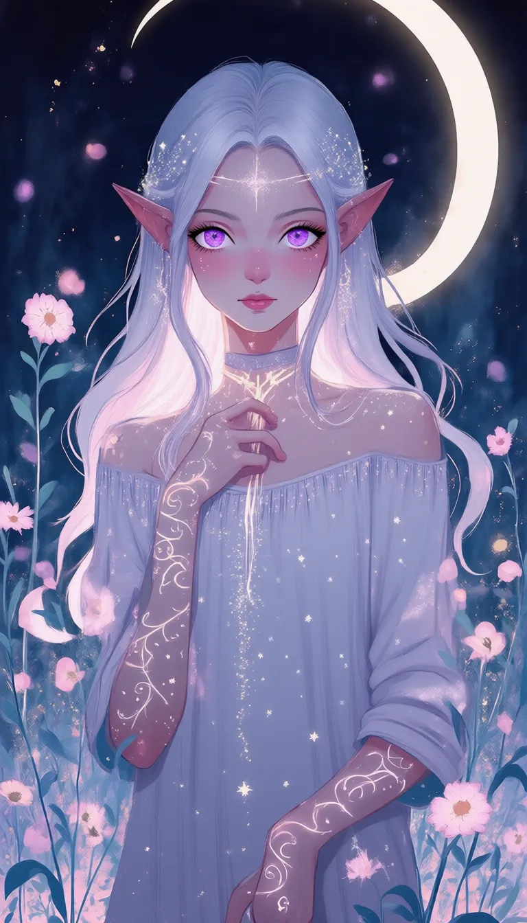 VectorPaintDaal,
An elven woman with flowing silver hair, deep violet eyes, and faintly glowing tattoos curling around her hands. She is wearing a loose tunic adorned with tiny embroidered stars, standing in a whimsical garden where the flowers gently sway as though alive, and a glowing moonlight highlights the scene in soft pastel tones.