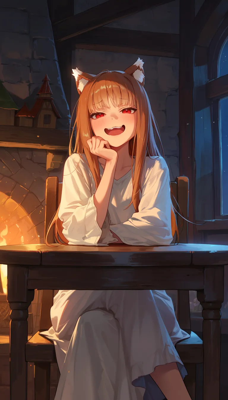 masterpiece,best quality,amazing quality,absurdres,highres, newest,score_9, score_8, score_7, year2025, newest
holo, spice and wolf,
1girl, solo, simple white dress, red eyes, long hair,
sitting, on chair,
laughing, lol,
wavy mouth, open mouth,
looking at viewer, crossed legs,
front view,
indoors, warm light,
night, darkness,
wooden house, medieval house,
round table,
background,