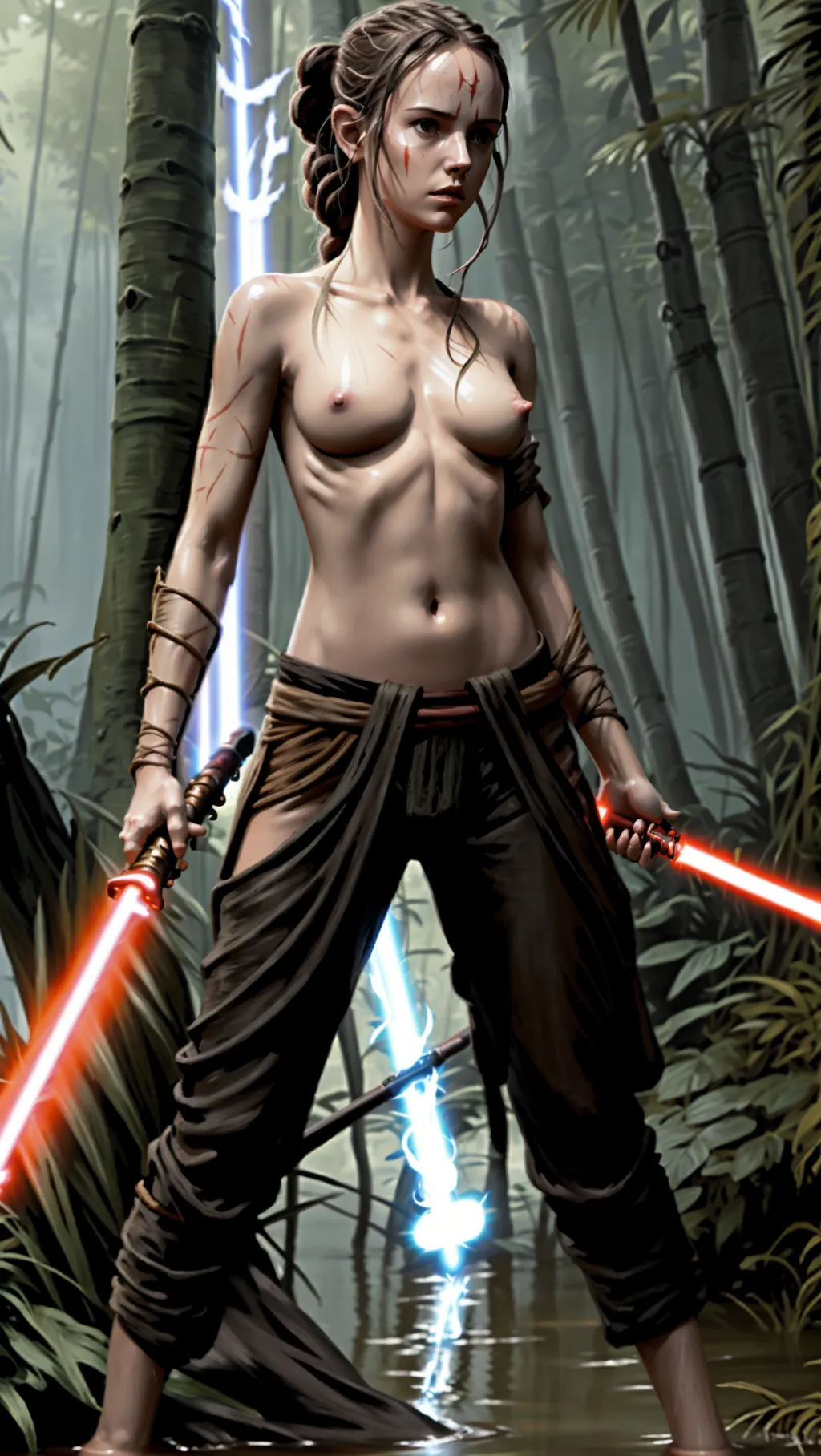 tan topless barefoot Sith Rey Skywalker with medium breasts and long erect nipples wearing Sith pants while using a lightsaber to fight in the swamp of Dagobah, (pretty feet: 1.2), (topless: 1.4), barefoot, (long dark Sith warrior pants: 1.3), (tan skin: 1.2), (black markings on skin: 1.2),