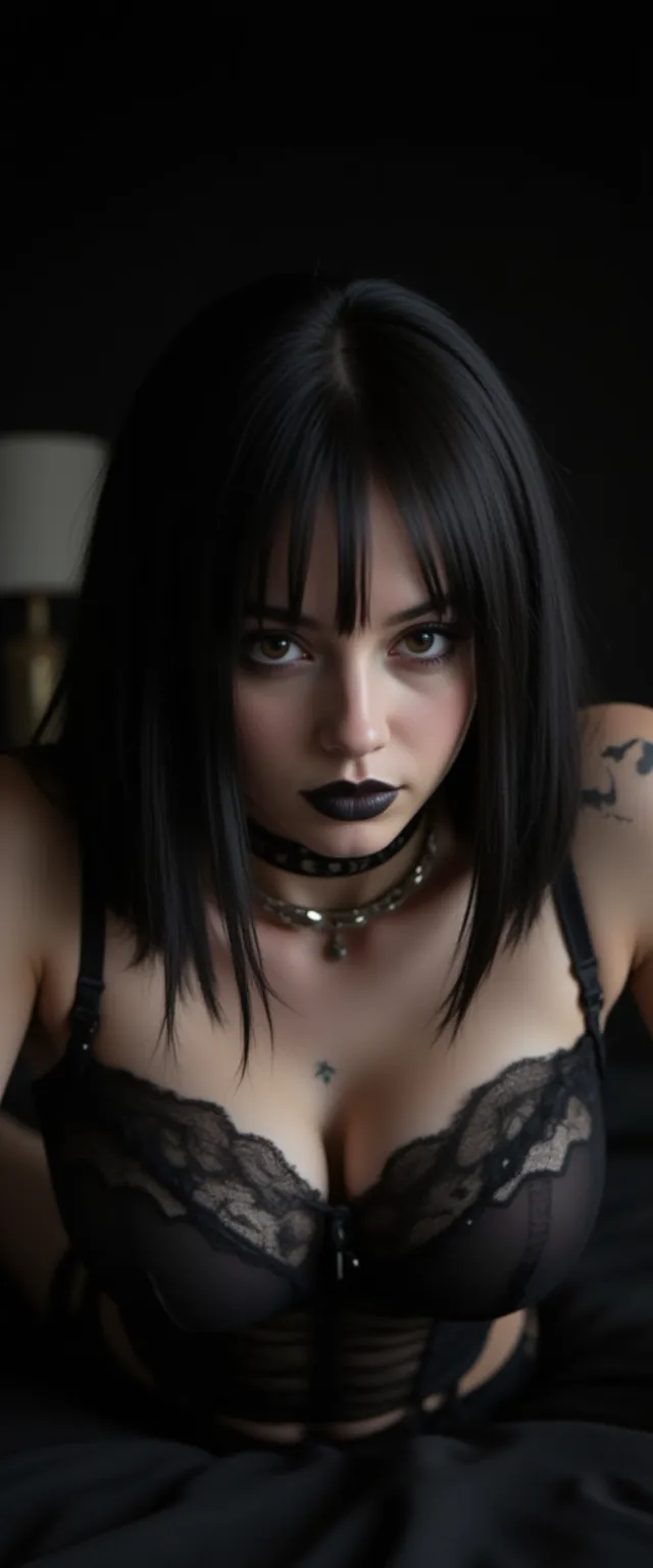 big black choker, (black hair:1.3), (black lipstick:1.2), straight hair, (goth girl:1.3), (extremely enormous huge tits:1.3), (extremely huge boobs:1.3), european, bats, dark room, (perfect eyes:1.3), tattoos, lingerie, (laying on her stomach in bed:1.2), feet up
