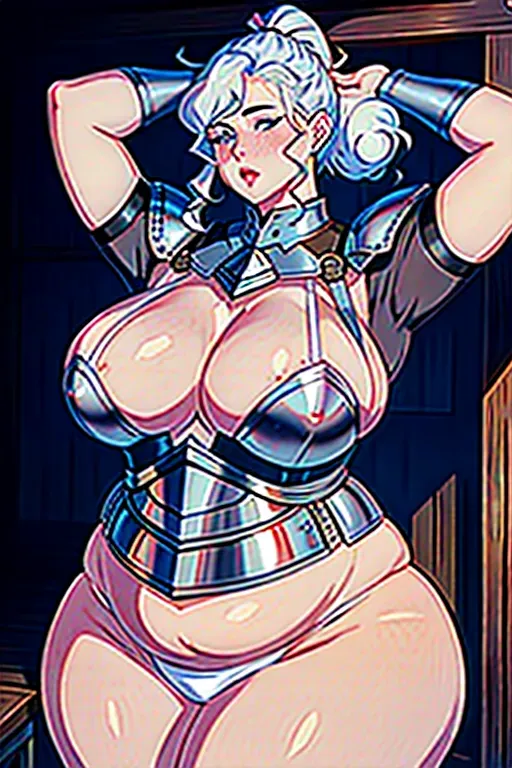 a photo shot of, an ssbbw girl, beer belly, mom bod, huge mom bod, fat mom bod, bloated, fat gut, huge gut, stuffed gut, swollen gut, huge stomach, giant beer belly, blushing, stuffed belly, chubby cheeks, thick neck, fattest girl, huge breasts, large belly, huge belly, fat belly, fat rolls, giant belly, double chin, chubby, huge thighs, fat thighs, giant thighs, massive thighs, thicc thighs, muffintop, huge muffintop, fat muffintop, spare tire, thicc, five fingers per hand, messy hair, white hair, curly hair, messy bun hairstyle, wide hips, weight gain, feederism, freckles, blue eyes, pale skin, mean face, smooth, pixiv, highly detailed, surreal, sharp focus, full body, fat arms, huge arms, extra large hips, extra large waist, tight clothes, wearing full plate armor, realistic metal armor, silver armor, medieval armor, knight armor, silver pauldron armor, metal panties, metal greaves, armor skirt