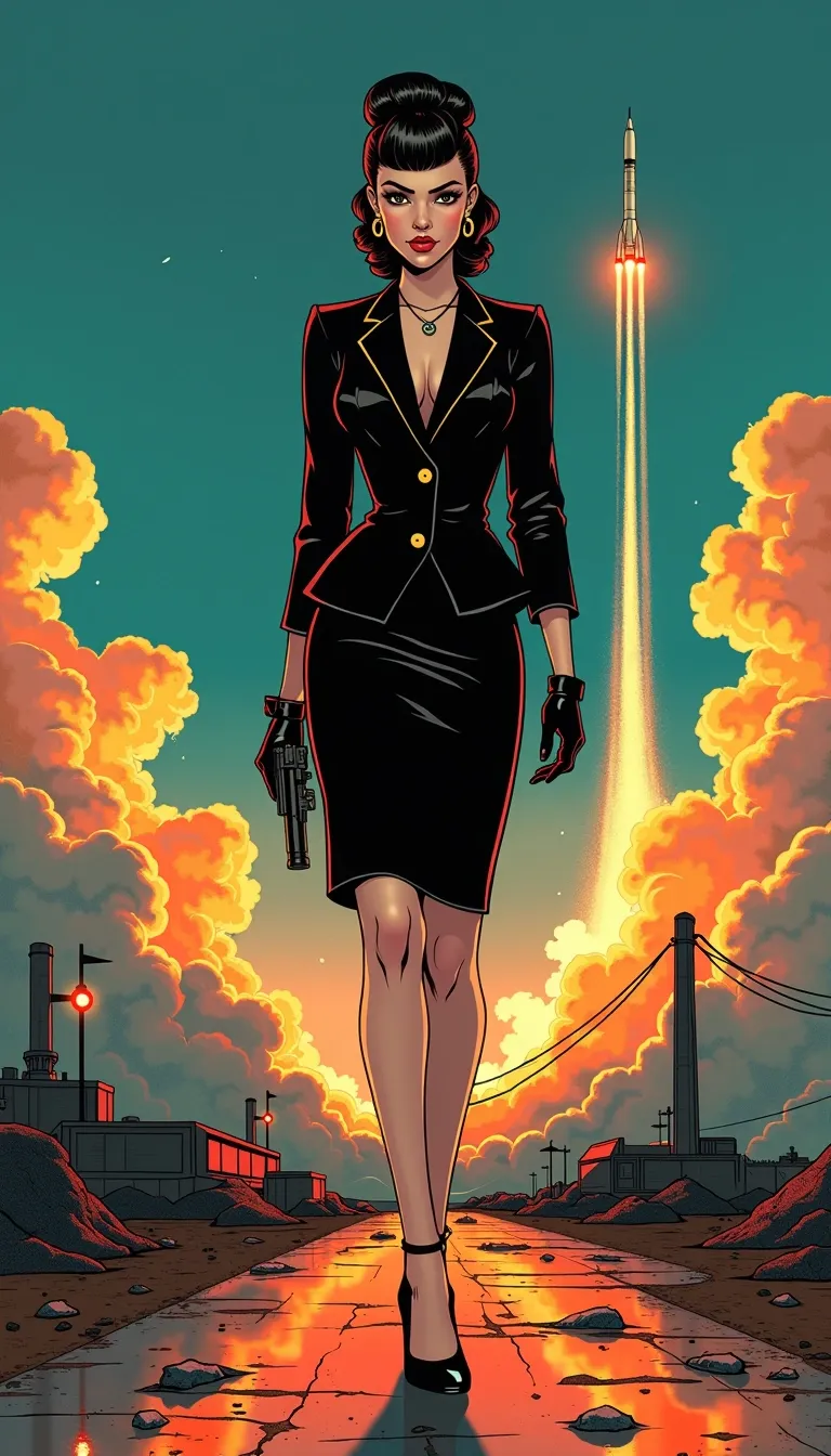 Holly Goodhead, slutty MIB silhouette, high-slit pencil skirt tight as betrayal, blazer barely buttoned over strategic absence, glossy black stilettos clicking like countdowns, gunmetal glove on one hand the other stained with red secrets, glossy plump lips like classified intel, hair slicked into a top-bun with three loose strands escaping protocol, disgusted smirk hiding six murders and a motive, future noir femme fatale, espionage elegance wrapped in visible brush strokes, hand-drawn graphic novel style, thick ink lines, halftone shadows, stylized lighting mid-scene, posture sharp as her sidearm, fashion as threat vector, visible tension in linework, noir retro-futurist palette
set at dusk, deep blue and orange gradient sky, sodium lights flickering on brutalist launch pad architecture, rocket launching in the background trailing smoke and fire into a dying horizon, dramatic light flaring behind her legs, silhouette cut by shadows and heat distortion, wind from the ignition pulling at skirt fabric and loose strands of hair, her face lit from below by flame-glow, glint of chrome on her earring like a countdown tick, debris in the air catching light like shattered code, she doesn’t look back
hand-drawn comic illustration, thick ink outlines, halftone shading, visible brush strokes, stylized light, posture mid-scene, key features outlined for drama, fashion with visual storytelling, glitter or grime as mood accents, emotion rendered in line weight