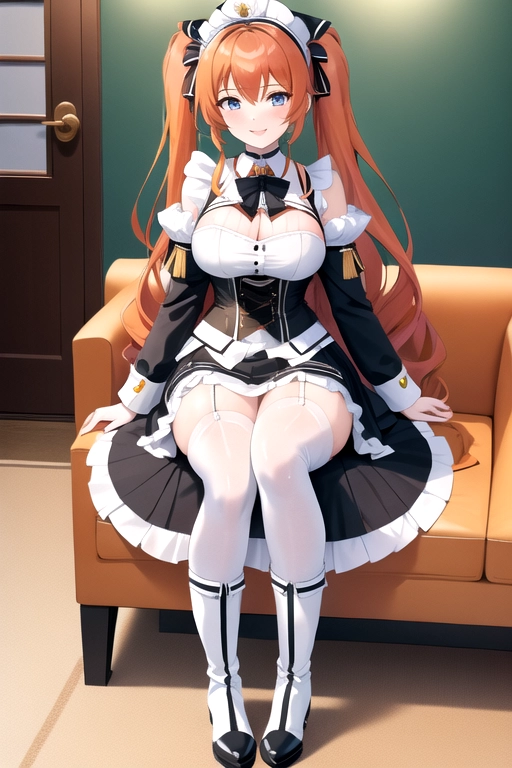 long hair, pale skin, orange hair, blue eyes, black choker, giant H-cup breasts, wavy hair, white maid uniform, smiling, full body photo, 28 years old, miniskirt, cleavage, high heels, corset, 8k quality, boots, in living room, pigtails